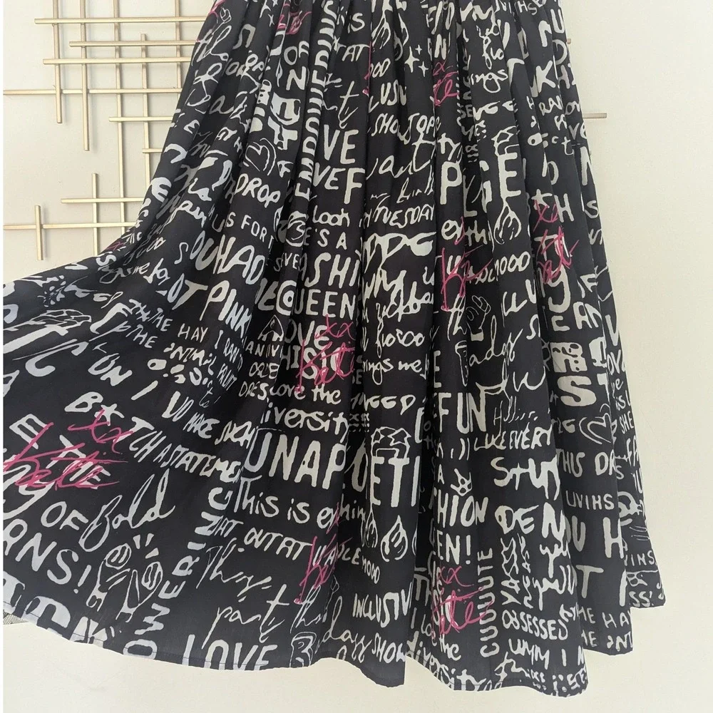 Kate Hewko Graffiti Print Midi Skirt Black White Pink XS Pleated Tulle Lined NWT